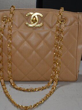 Vinatge Chanel Quilted Caviar Turnlock Tote (beige with gold hardware)